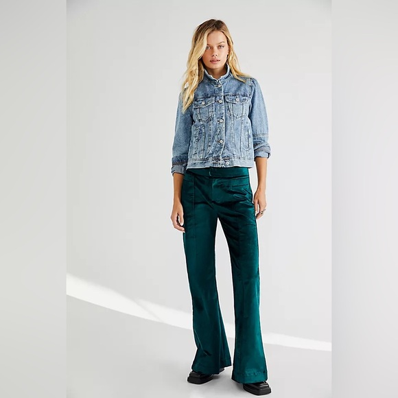 Free People Walk With You Velvet Flare Pants in Emerald Green Size 28 - Picture 2 of 12